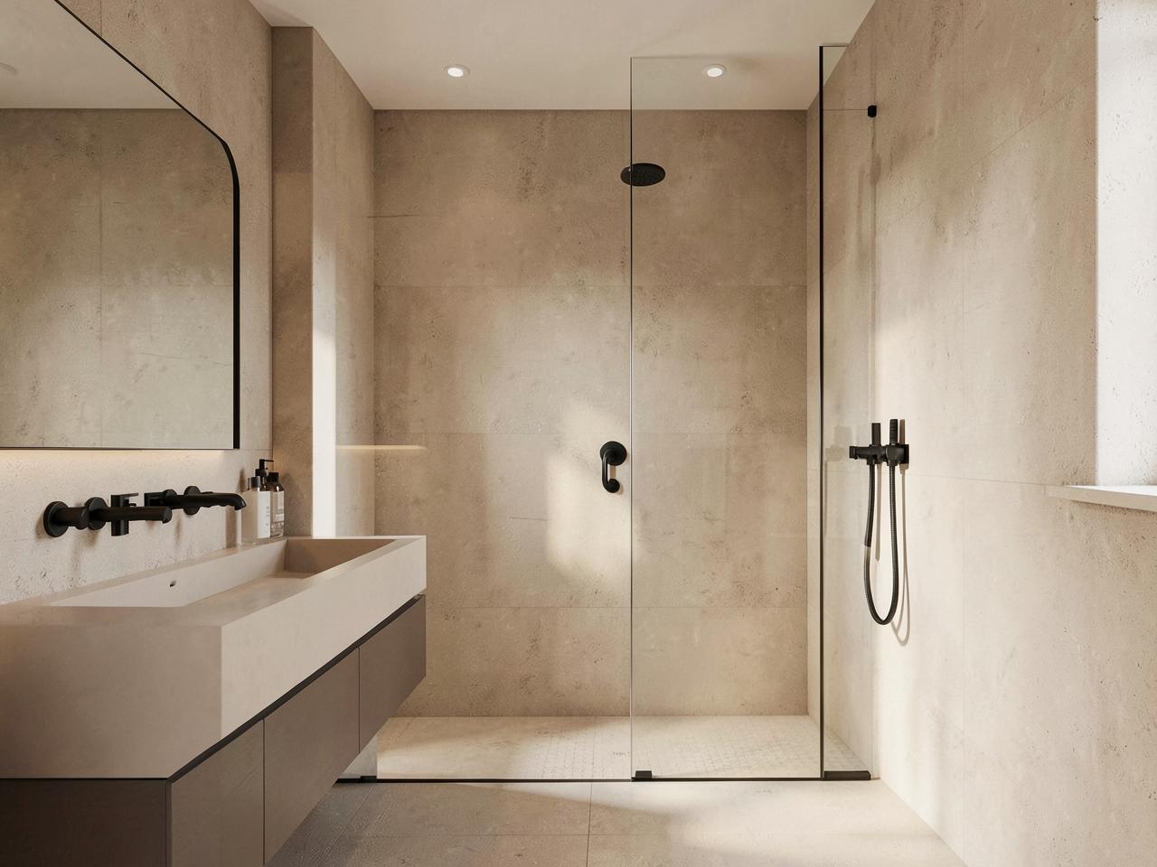 Modernes Badezimmer mit bodengleicher Dusche in warmen Naturtönen